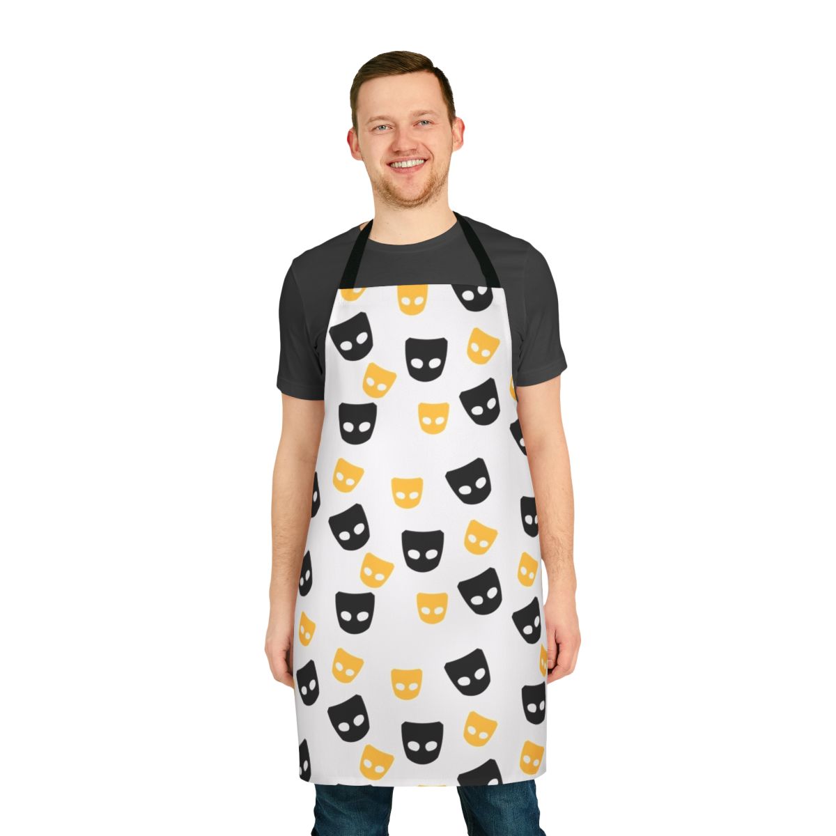 Colorful apron featuring a Grindr-inspired pattern for LGBTQIA+ pride.