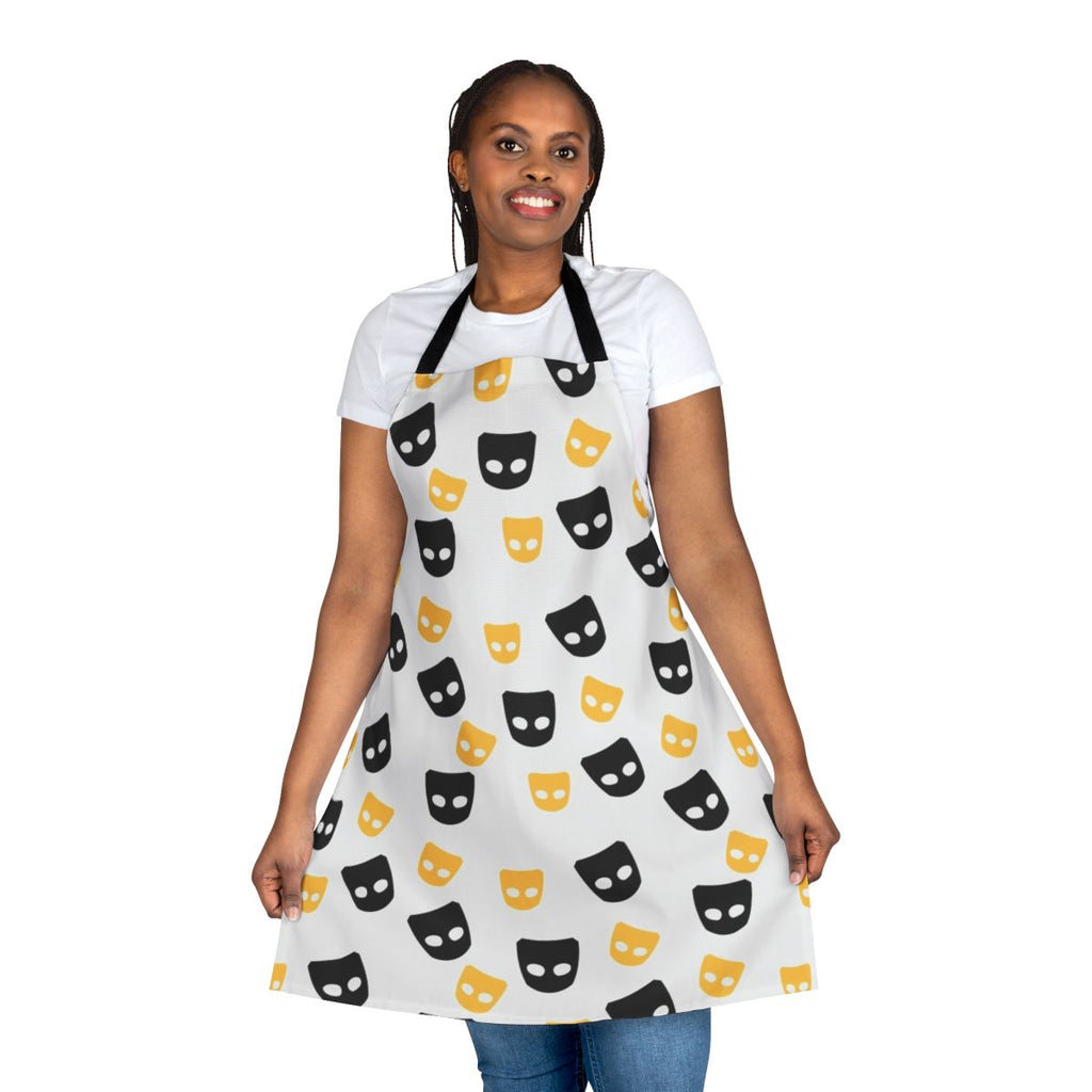 Colorful apron featuring a Grindr-inspired pattern for LGBTQIA+ pride.