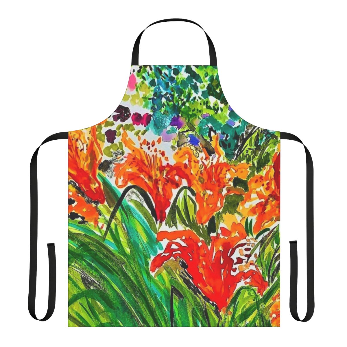 Colorful lilies printed on a high-quality apron