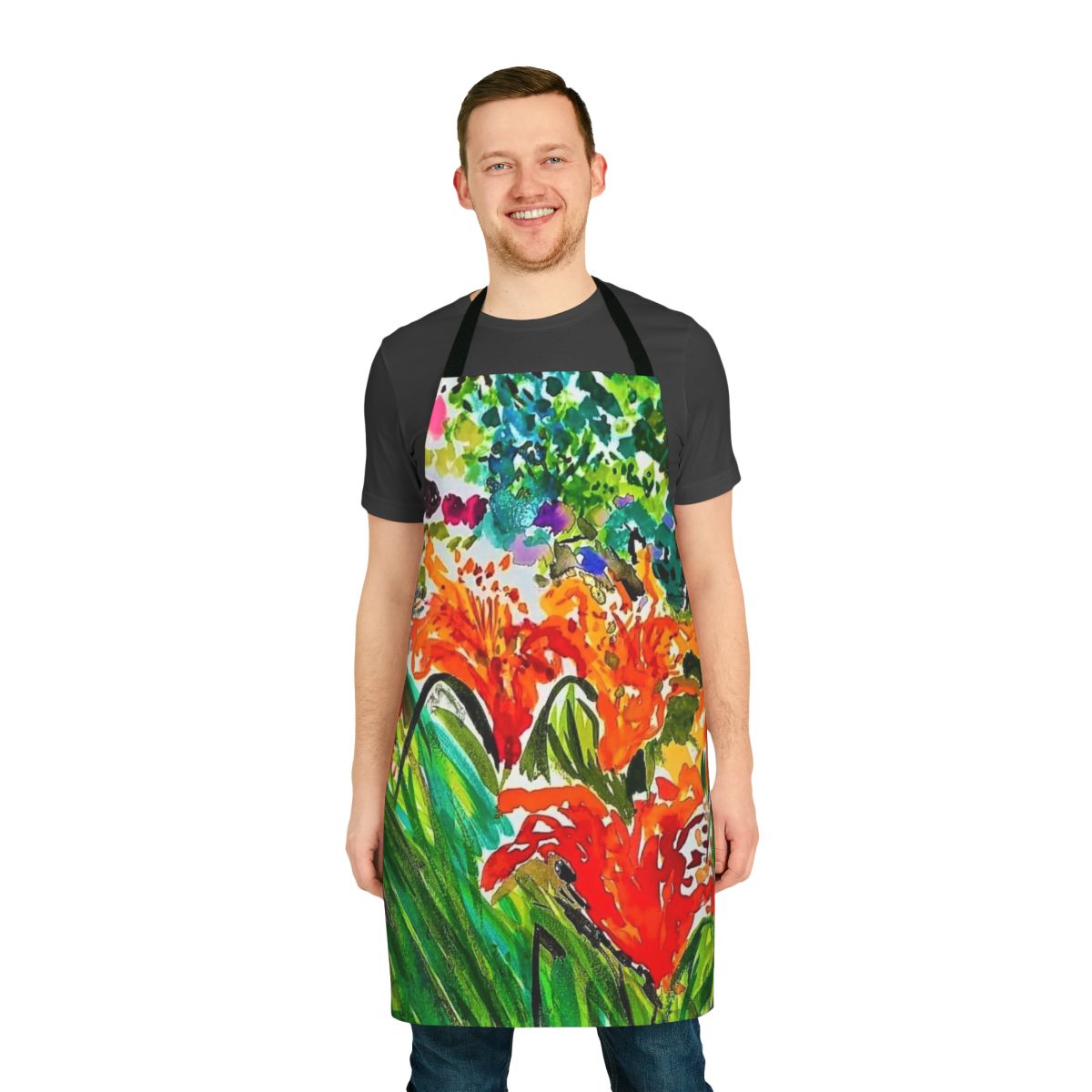 Colorful lilies printed on a high-quality apron