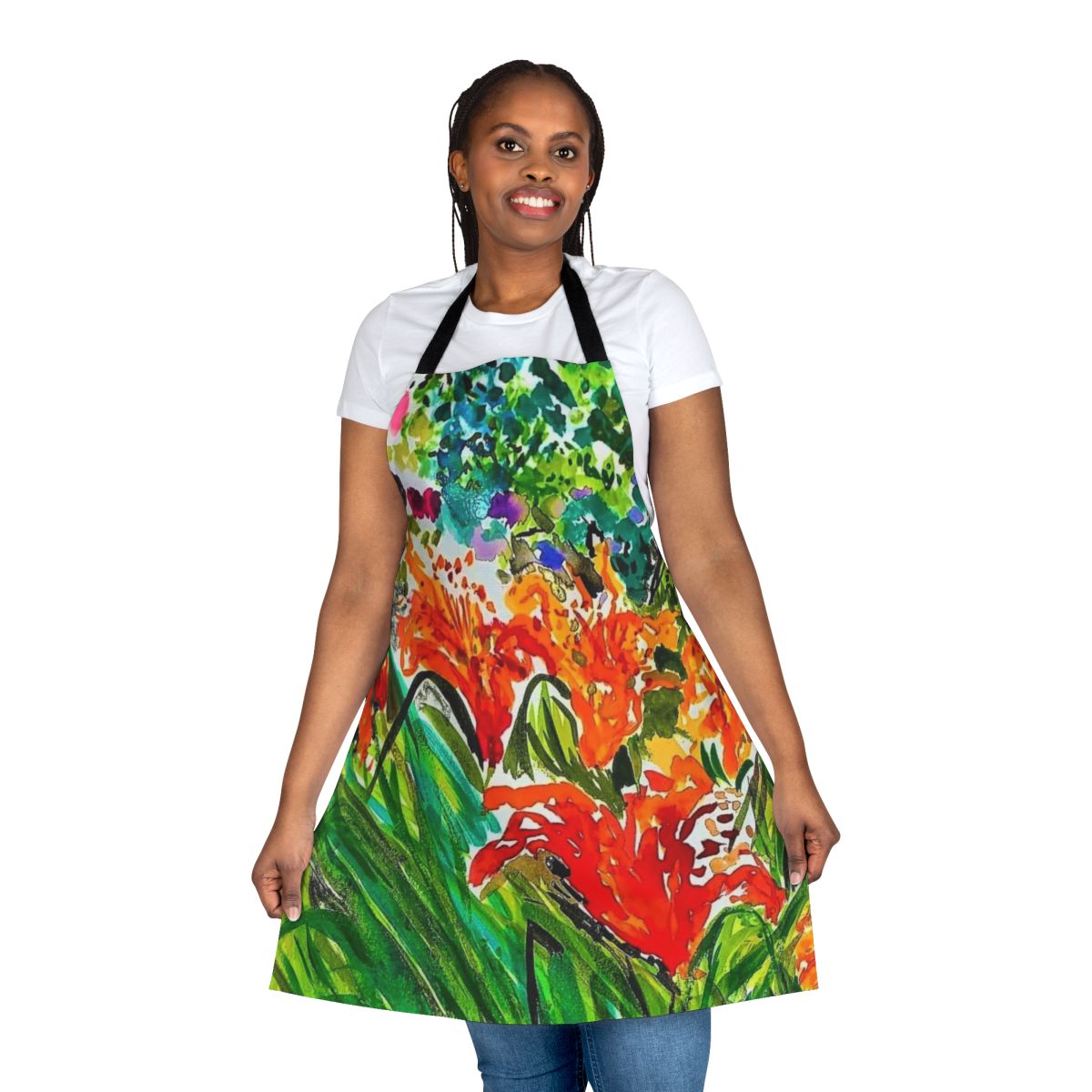Colorful lilies printed on a high-quality apron