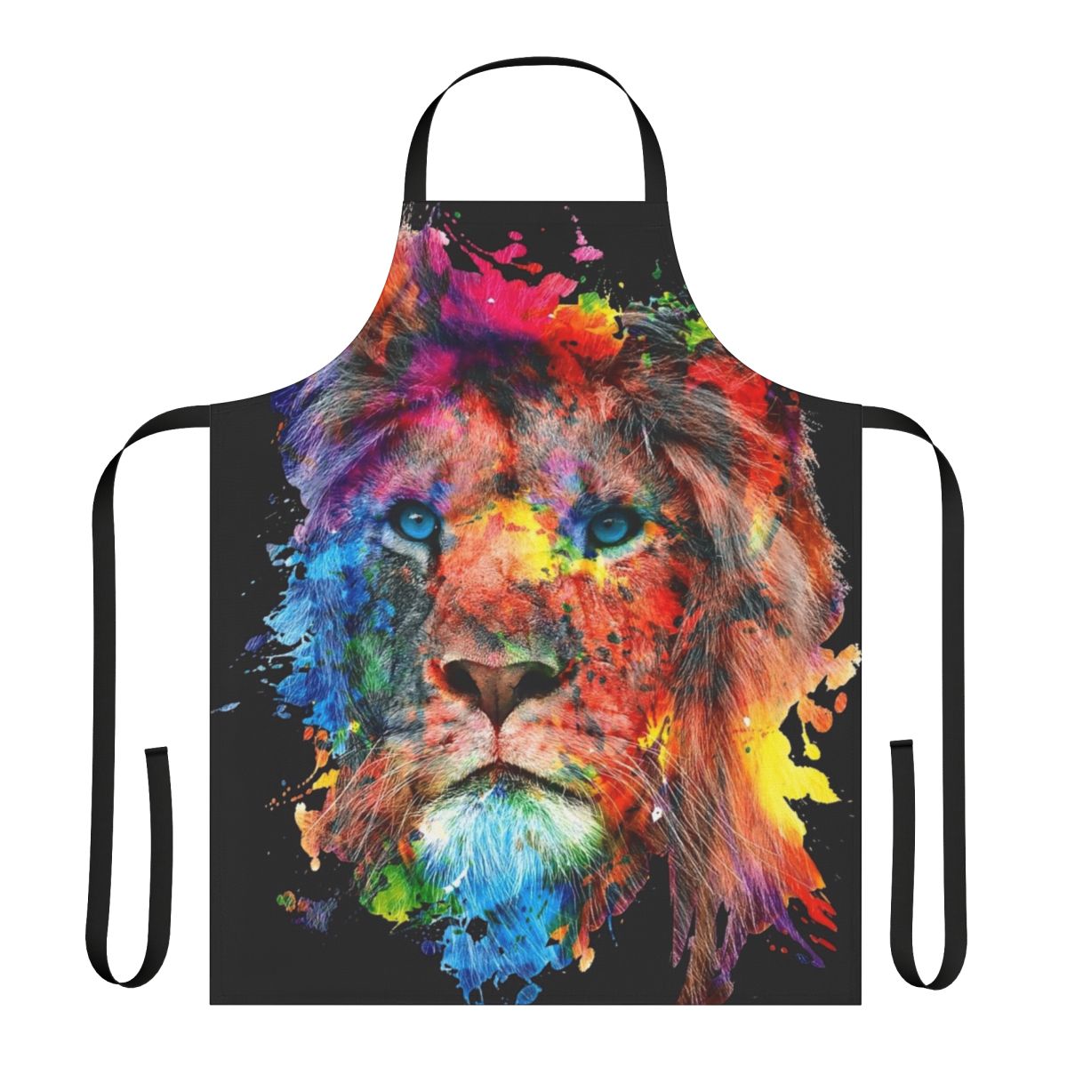Illustration of a majestic lion in a colorful watercolor style, featured on a high-quality cooking apron.