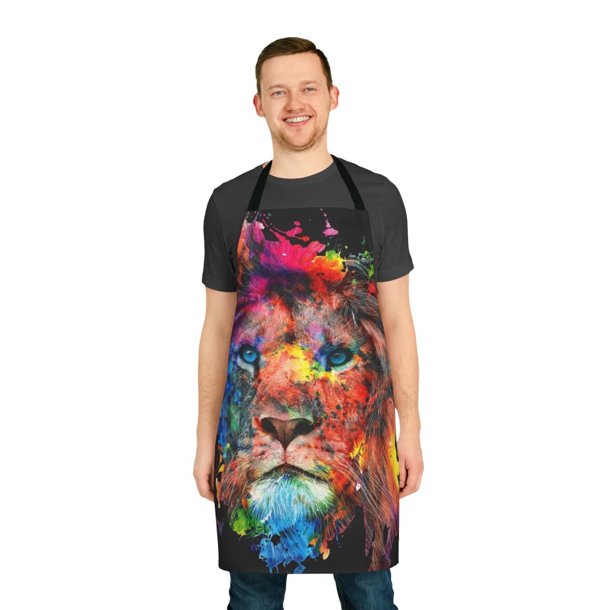 Illustration of a majestic lion in a colorful watercolor style, featured on a high-quality cooking apron.