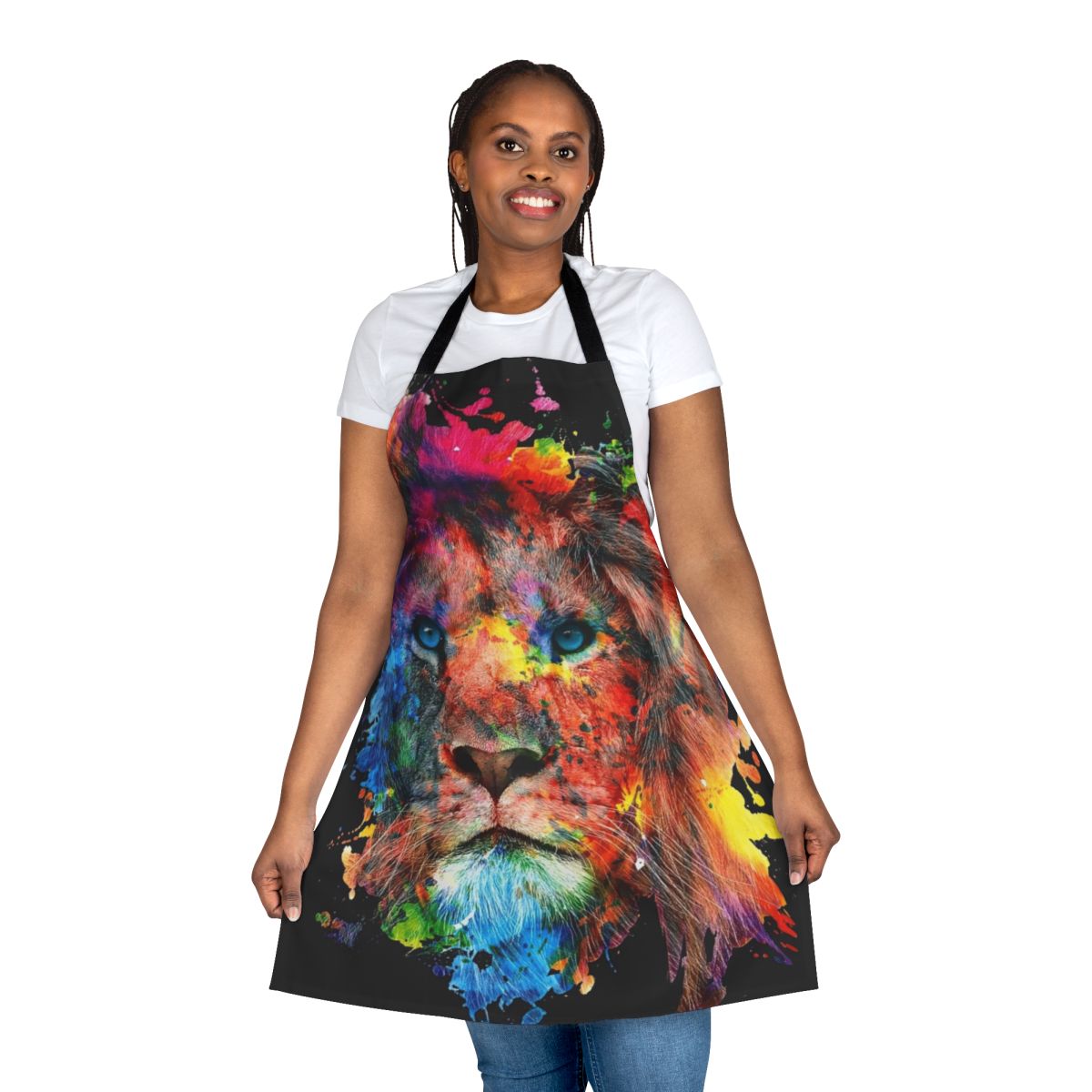 Illustration of a majestic lion in a colorful watercolor style, featured on a high-quality cooking apron.