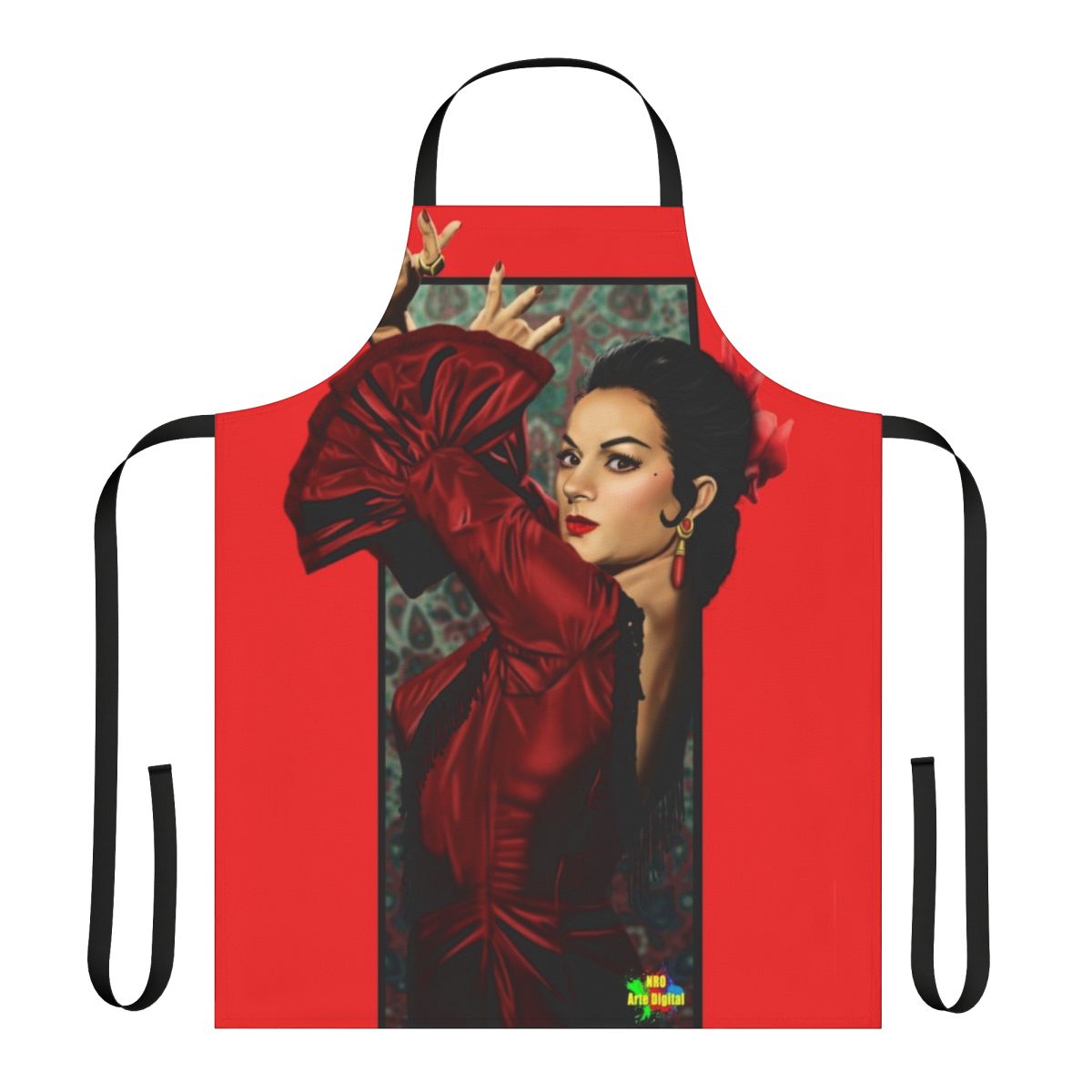 Vibrant apron featuring artwork inspired by Spanish singer and actress Lola Flores