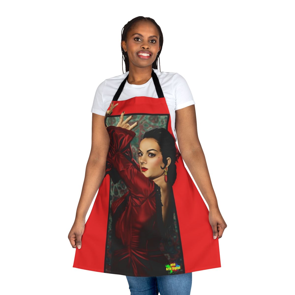 Vibrant apron featuring artwork inspired by Spanish singer and actress Lola Flores