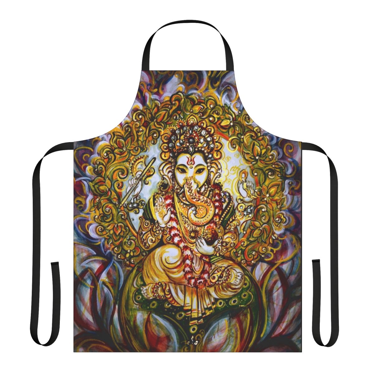 Colorful apron featuring the Hindu deity Lord Ganesha, the elephant-headed god of wisdom and new beginnings.