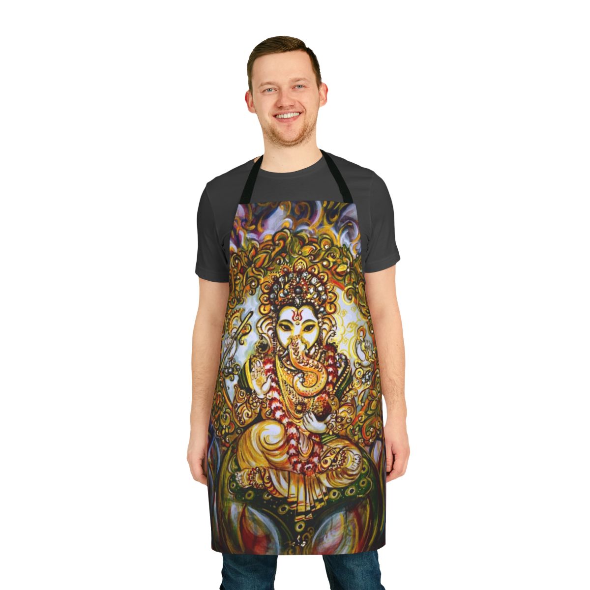 Colorful apron featuring the Hindu deity Lord Ganesha, the elephant-headed god of wisdom and new beginnings.