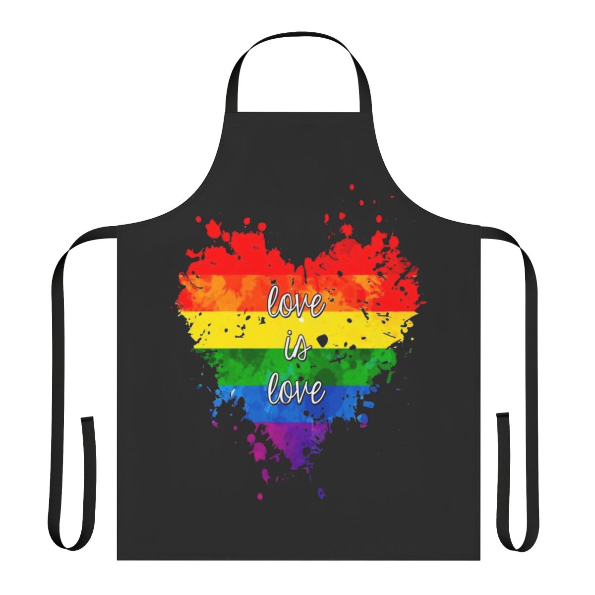Colorful apron with a rainbow heart and "Love Is Love" quote, representing LGBTQIA+ pride and equality.