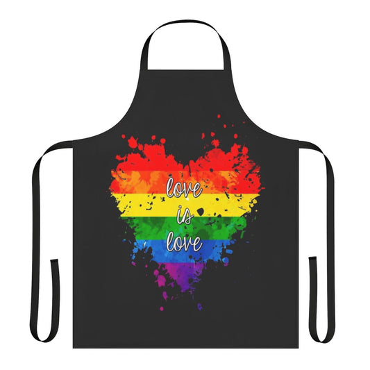 Colorful apron with a rainbow heart and "Love Is Love" quote, representing LGBTQIA+ pride and equality.