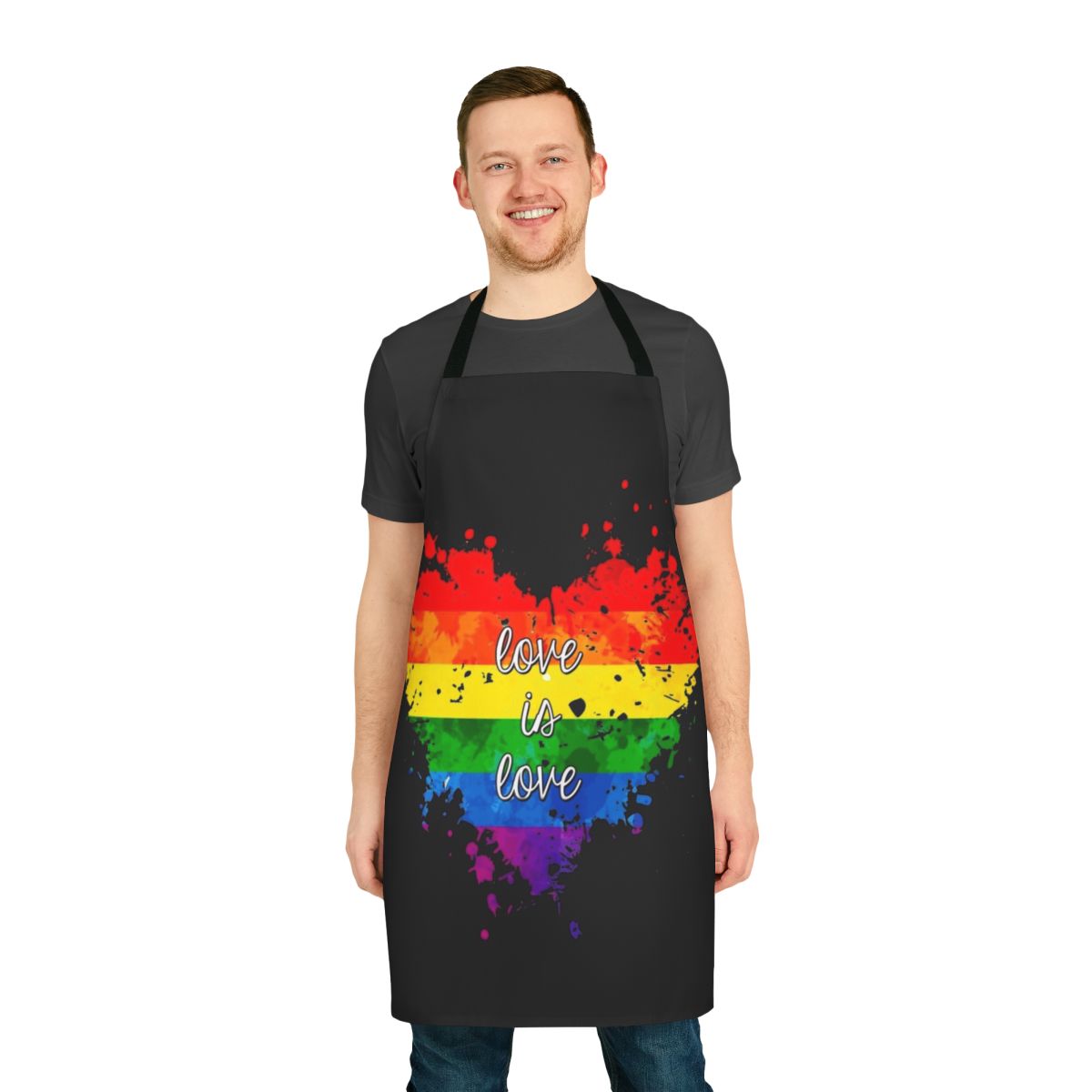 Colorful apron with a rainbow heart and "Love Is Love" quote, representing LGBTQIA+ pride and equality.