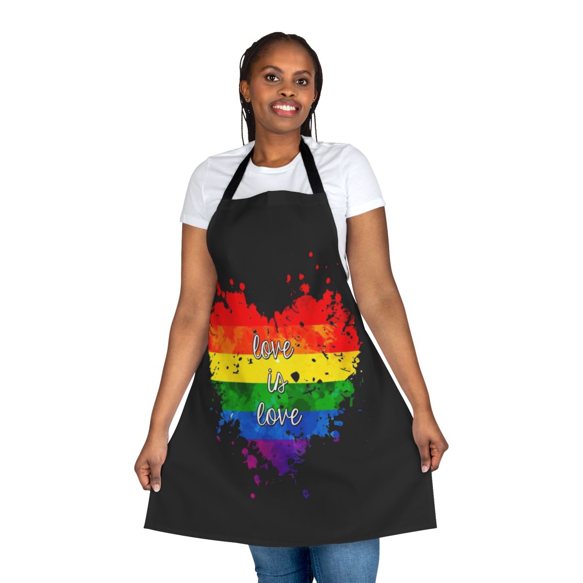 Colorful apron with a rainbow heart and "Love Is Love" quote, representing LGBTQIA+ pride and equality.