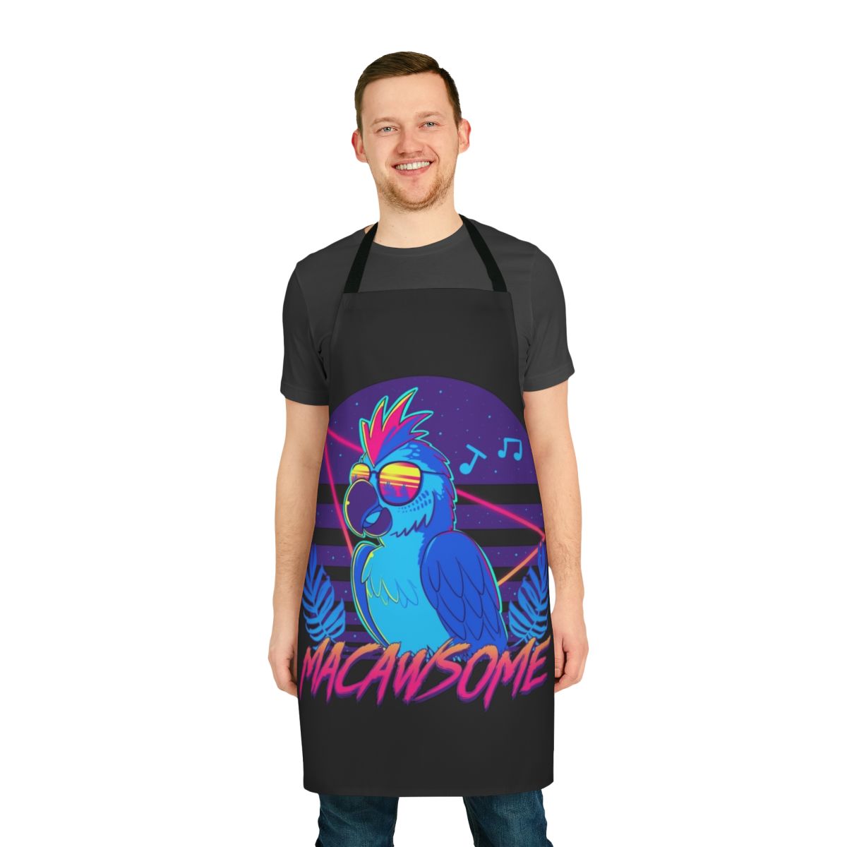 Colorful macaw bird printed on a retro-style apron