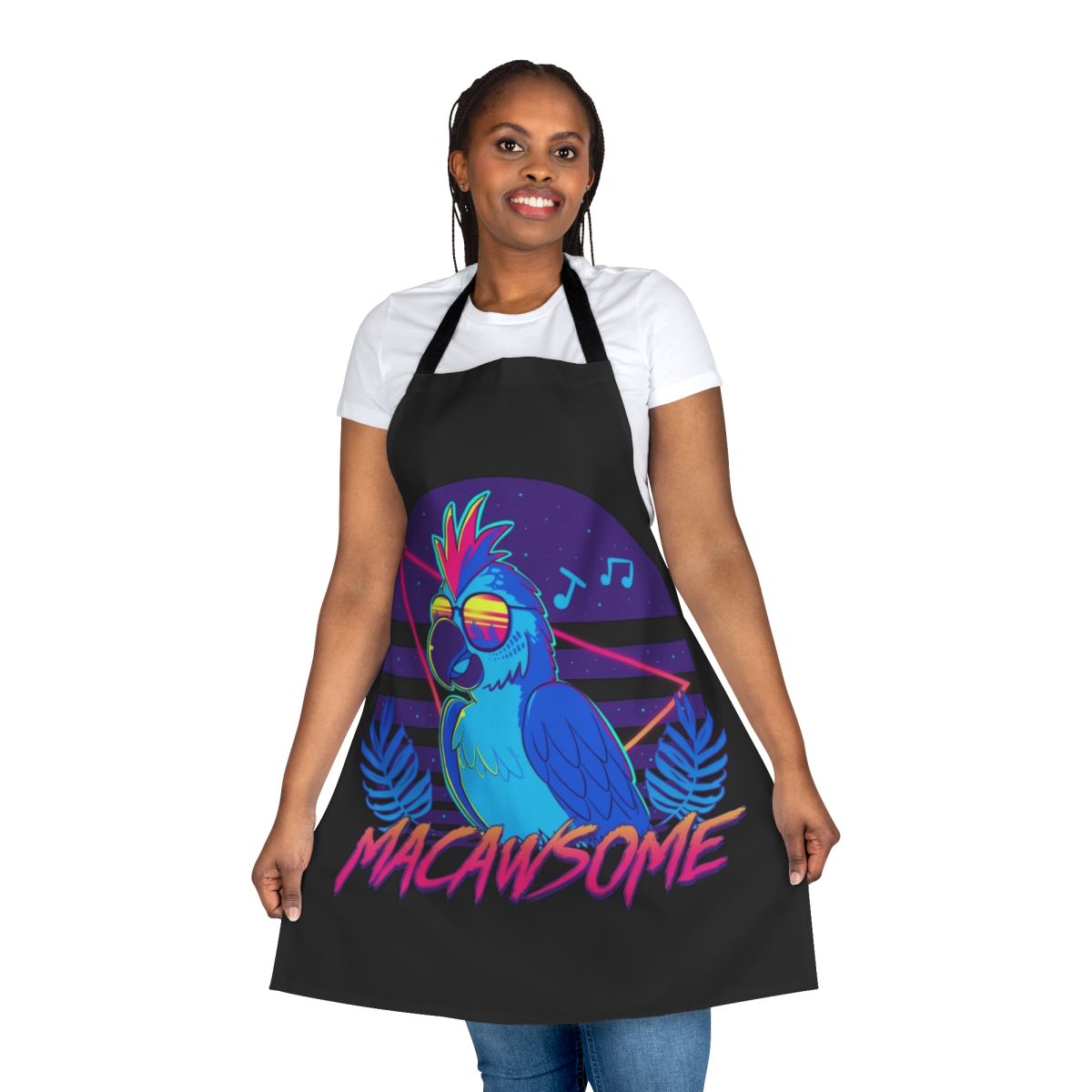 Colorful macaw bird printed on a retro-style apron