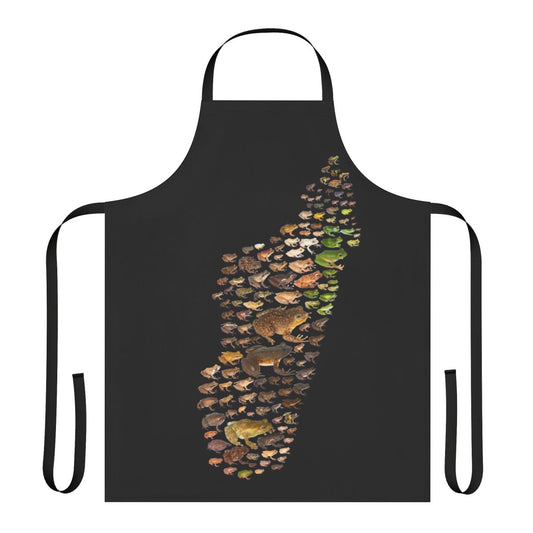 Colorful apron featuring a scientific illustration of diverse Mantellidae frog species from Madagascar