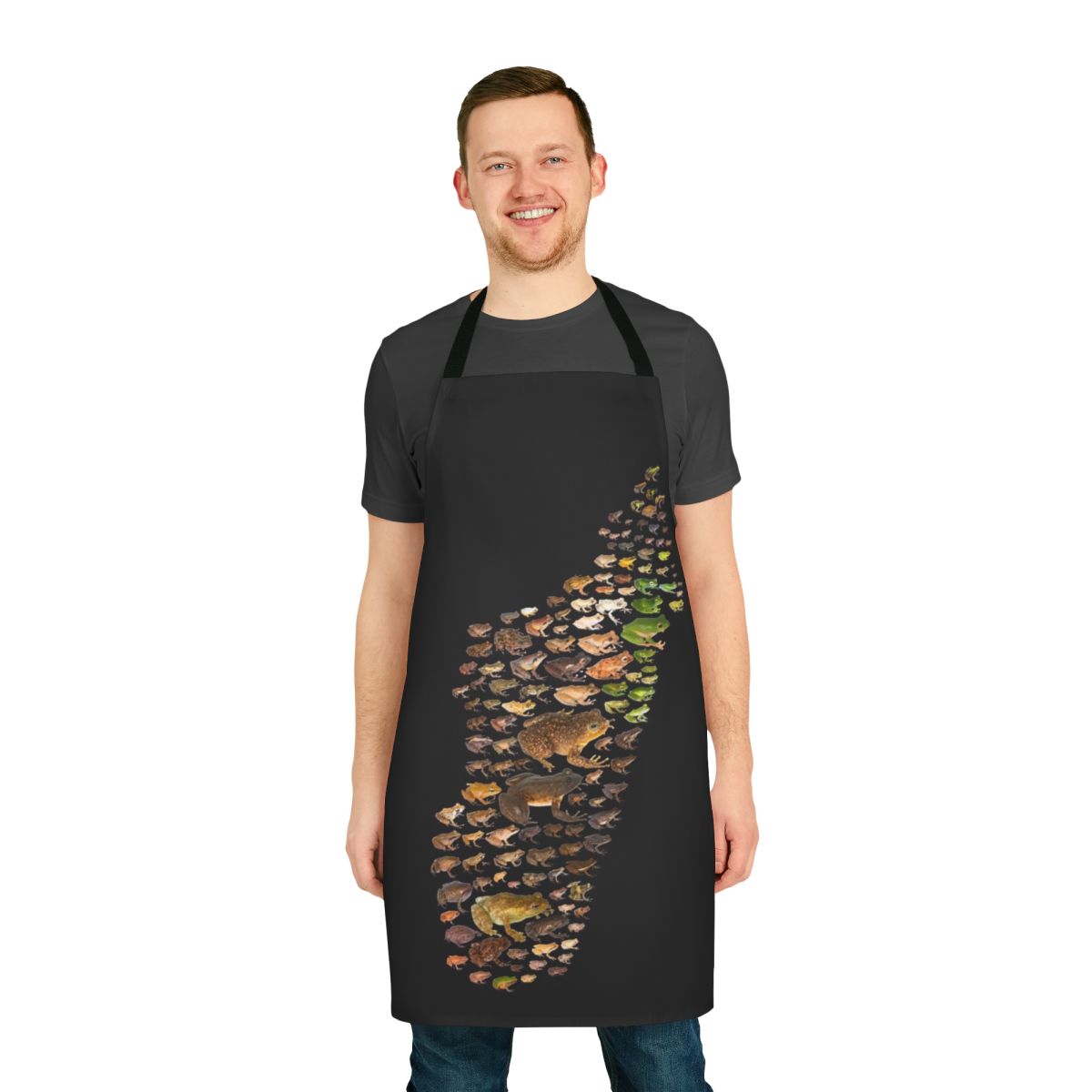 Colorful apron featuring a scientific illustration of diverse Mantellidae frog species from Madagascar