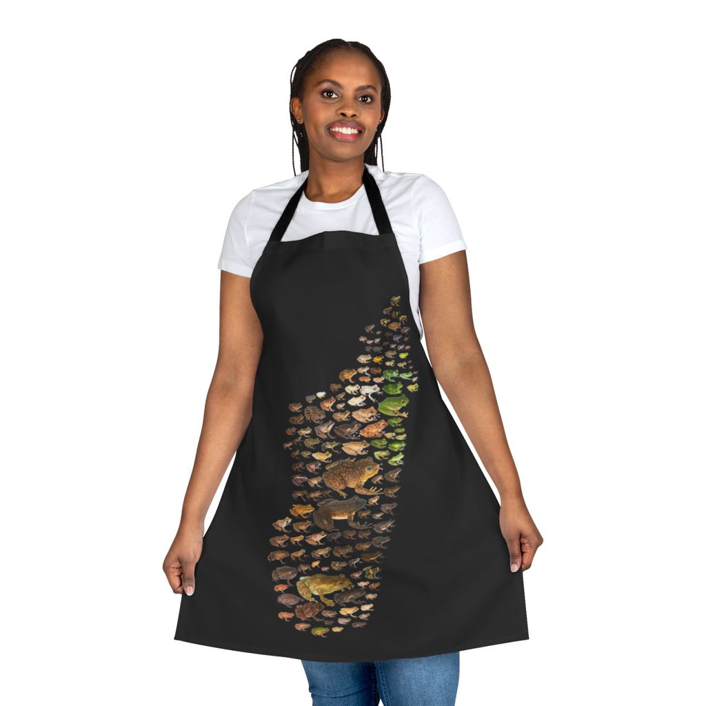 Colorful apron featuring a scientific illustration of diverse Mantellidae frog species from Madagascar