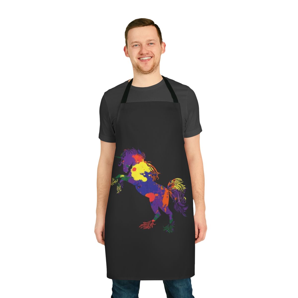 Colorful apron featuring a whimsical rainbow unicorn design