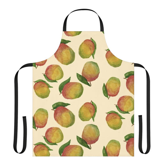 Colorful watercolor illustration of mangoes on an apron