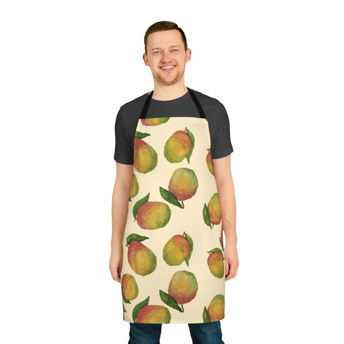 Colorful watercolor illustration of mangoes on an apron