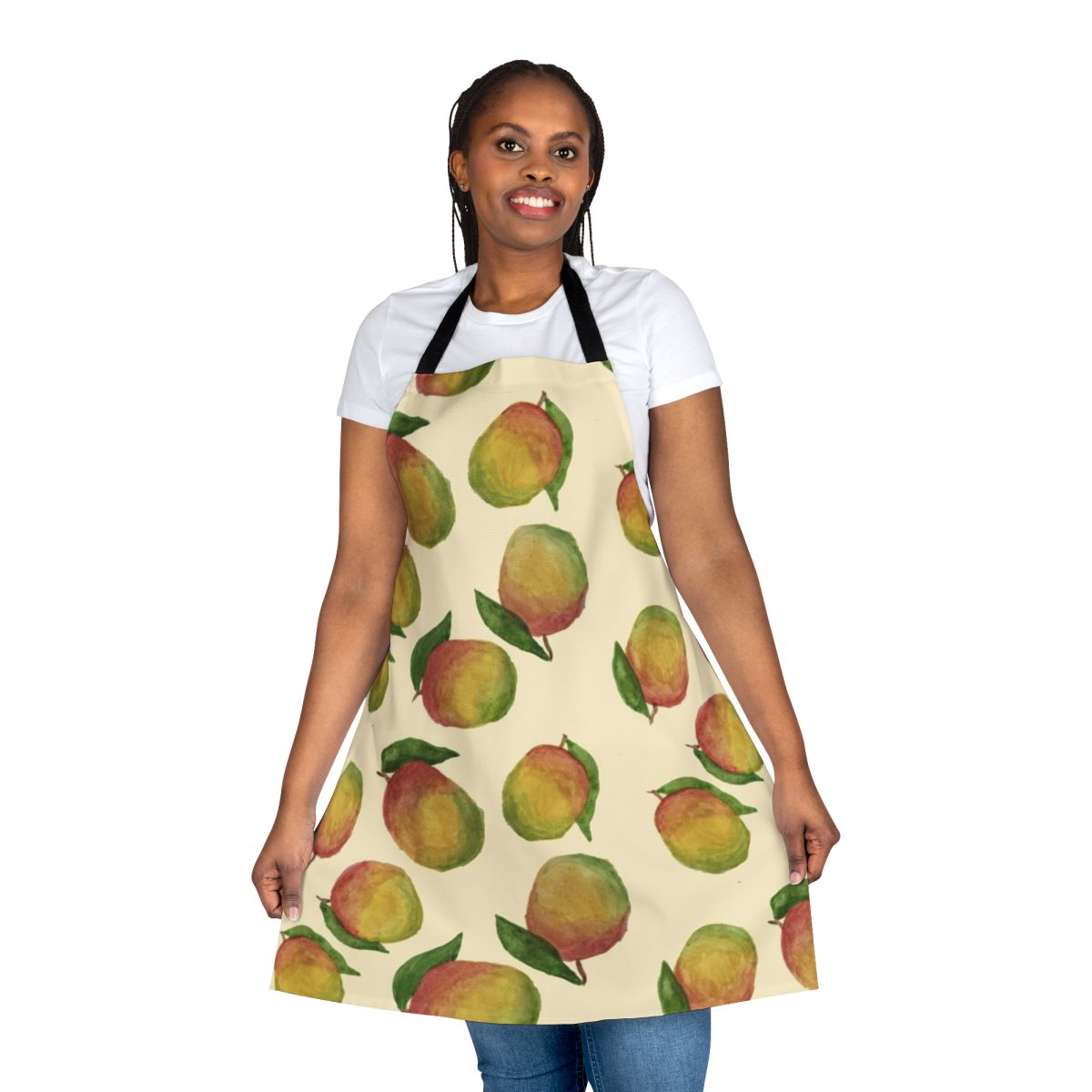 Colorful watercolor illustration of mangoes on an apron