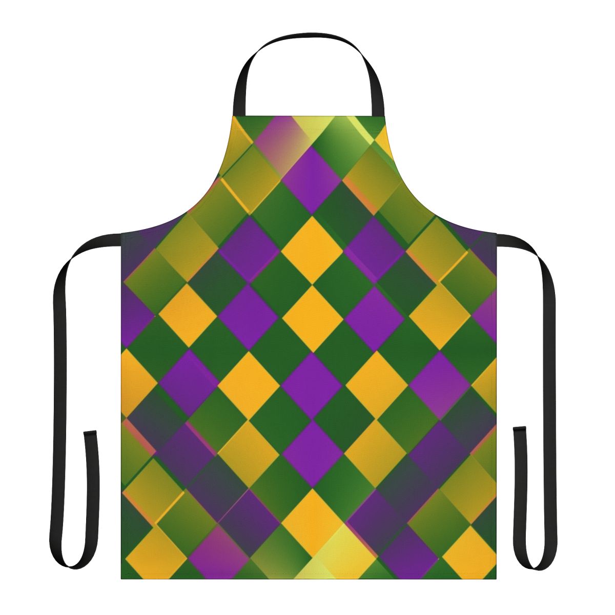 Colorful Mardi Gras-themed apron featuring a diamond pattern in purple, gold, and green