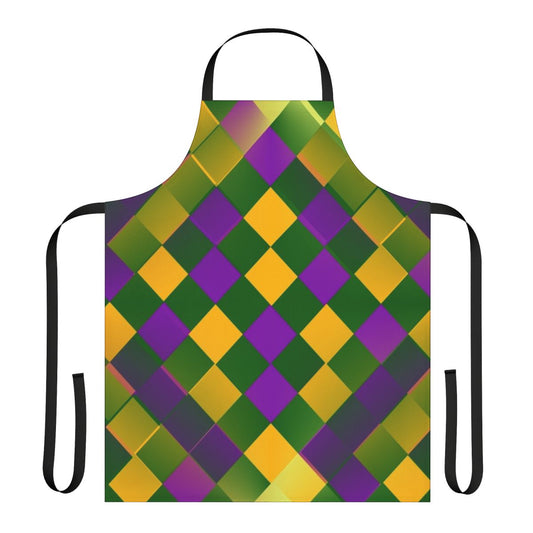 Colorful Mardi Gras-themed apron featuring a diamond pattern in purple, gold, and green