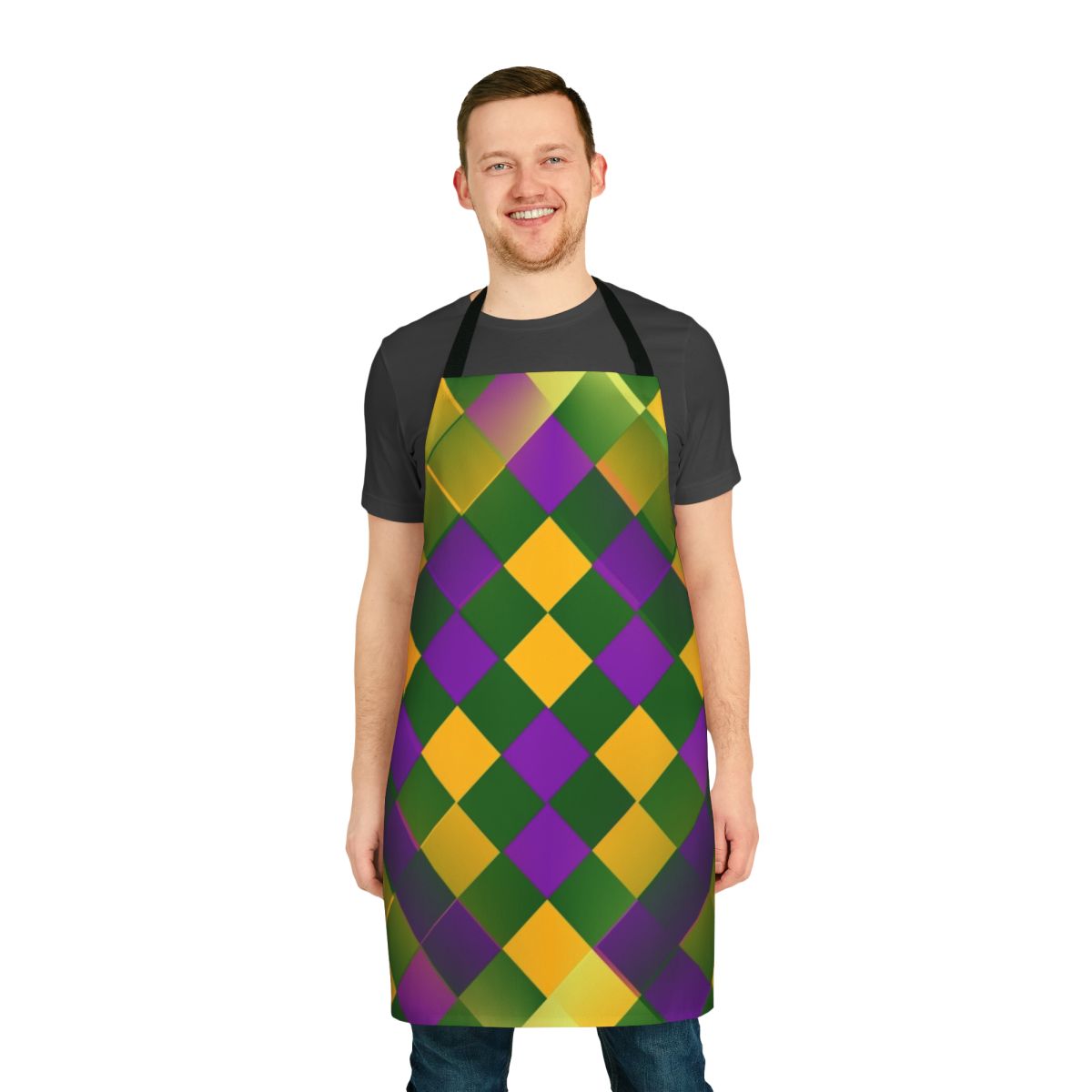 Colorful Mardi Gras-themed apron featuring a diamond pattern in purple, gold, and green