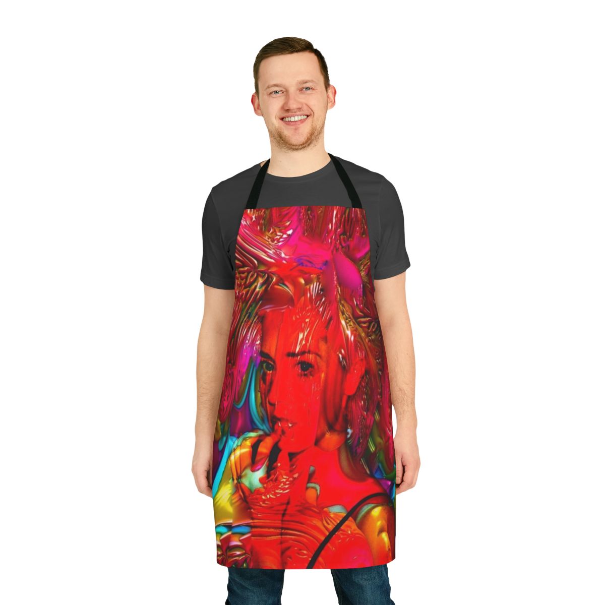 Colorful Mardi Gras-themed apron with abstract patterns and vibrant hues