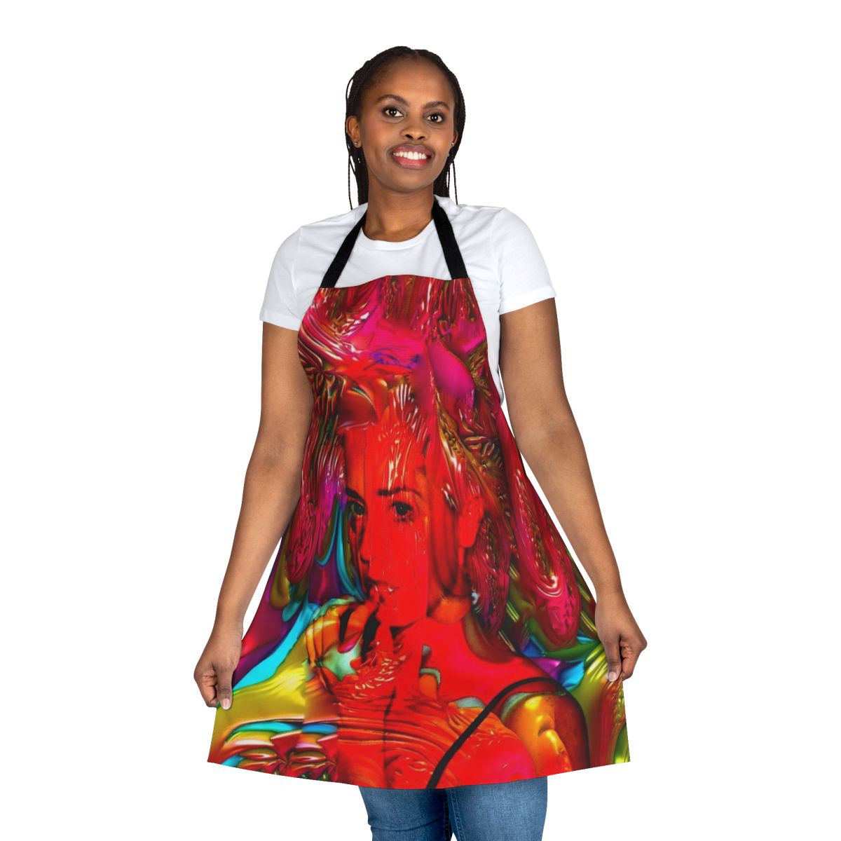 Colorful Mardi Gras-themed apron with abstract patterns and vibrant hues