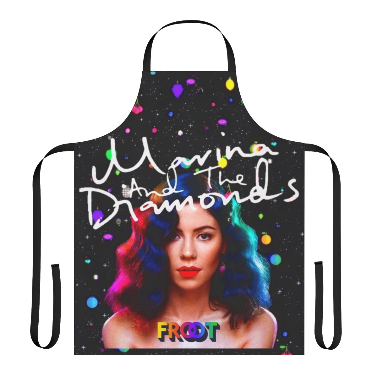 Colorful galaxy-themed apron with the phrase "Froot" on it, inspired by the music of Marina and the Diamonds.