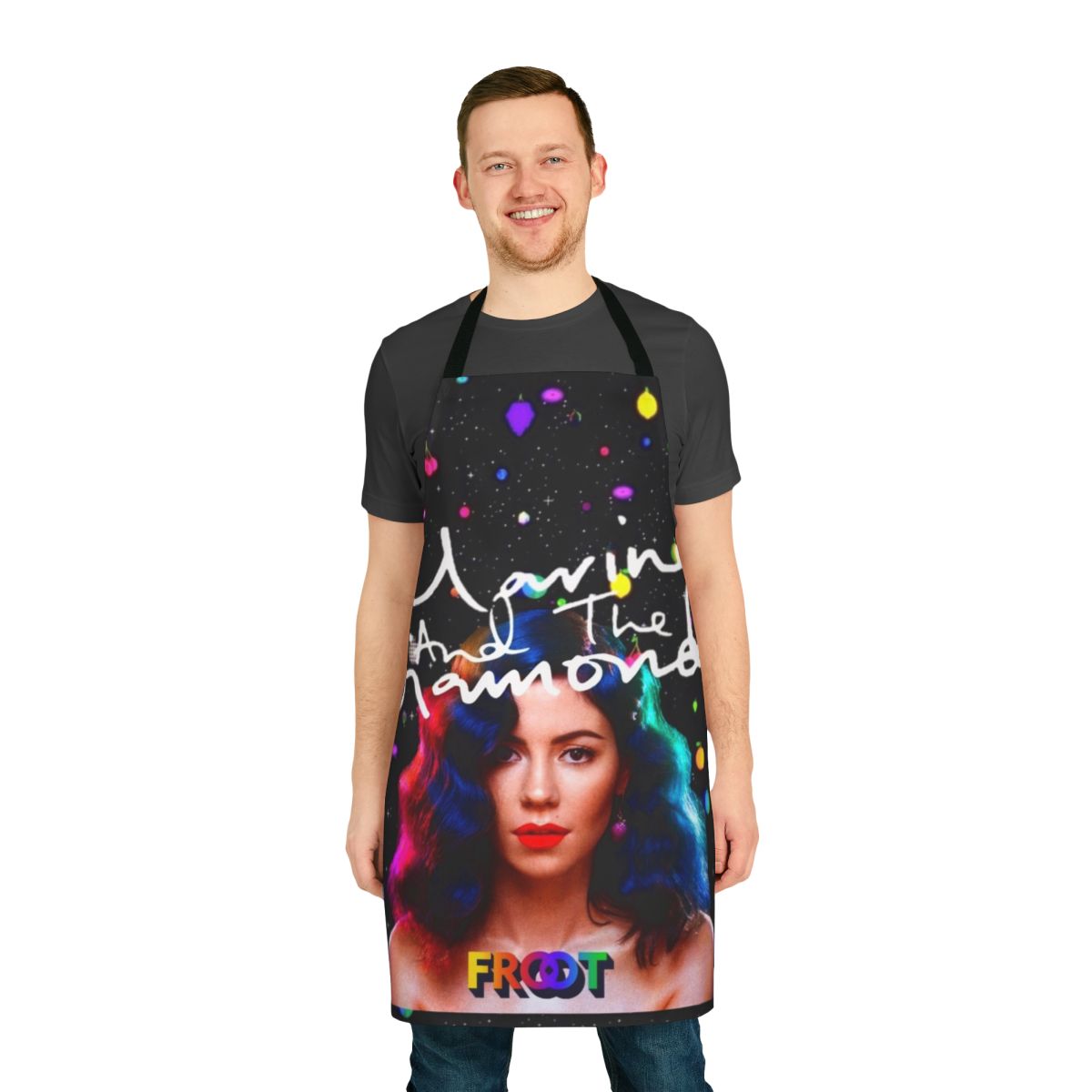 Colorful galaxy-themed apron with the phrase "Froot" on it, inspired by the music of Marina and the Diamonds.