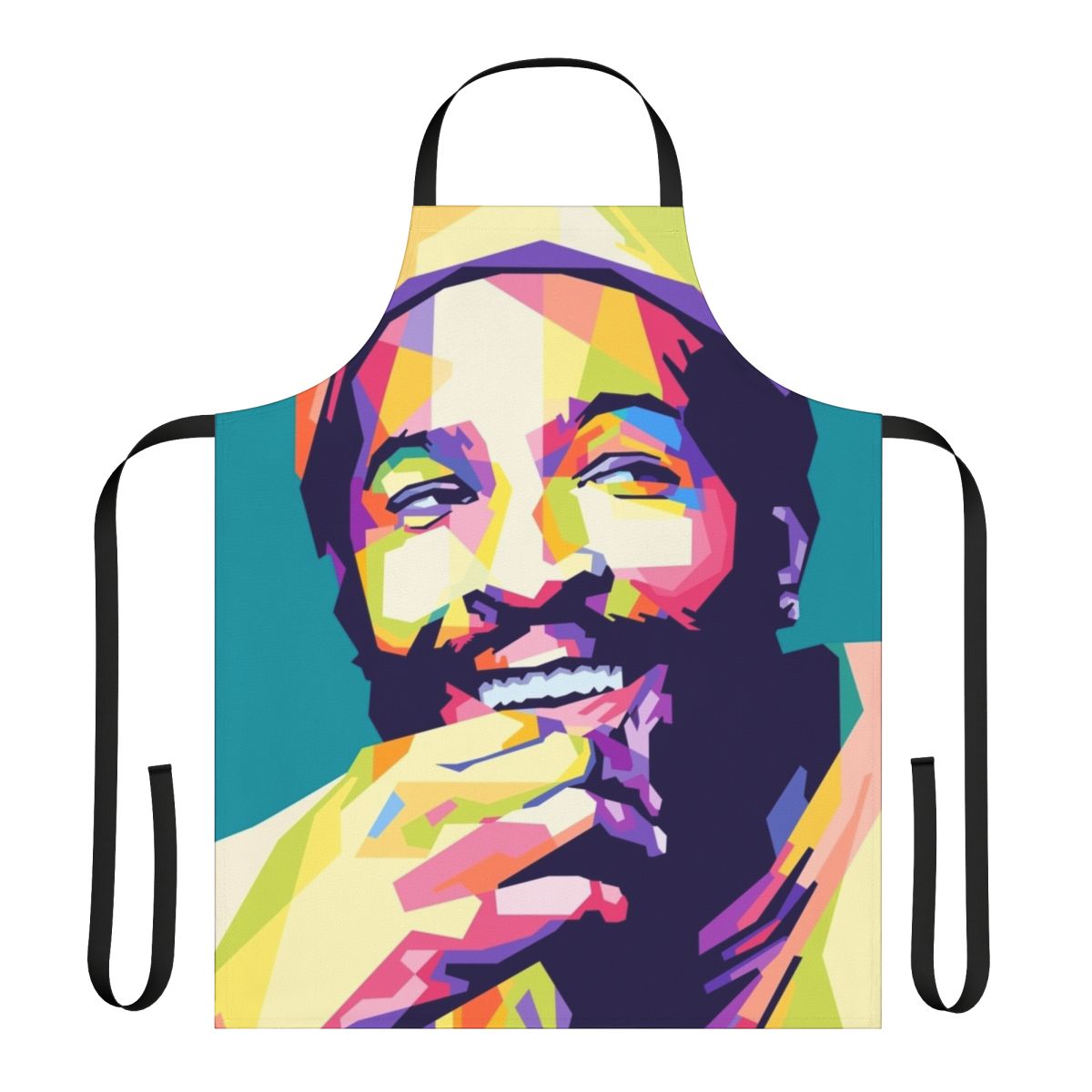Colorful pop art apron featuring a vibrant design inspired by the music of Marvin Gaye