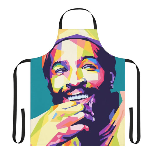 Colorful pop art apron featuring a vibrant design inspired by the music of Marvin Gaye