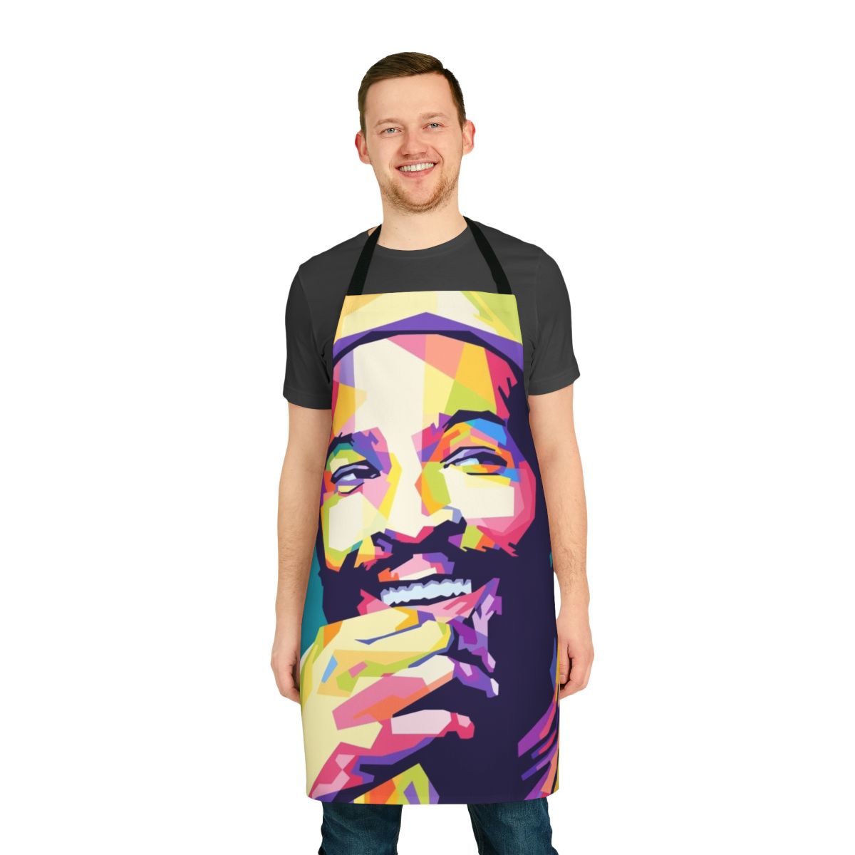 Colorful pop art apron featuring a vibrant design inspired by the music of Marvin Gaye