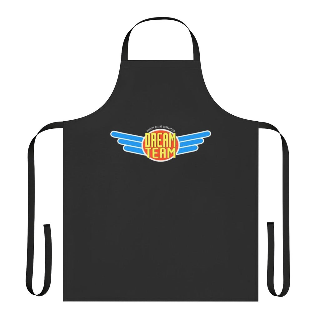 A colorful and stylish apron featuring a design with mixing, vinyl, and retro music elements.