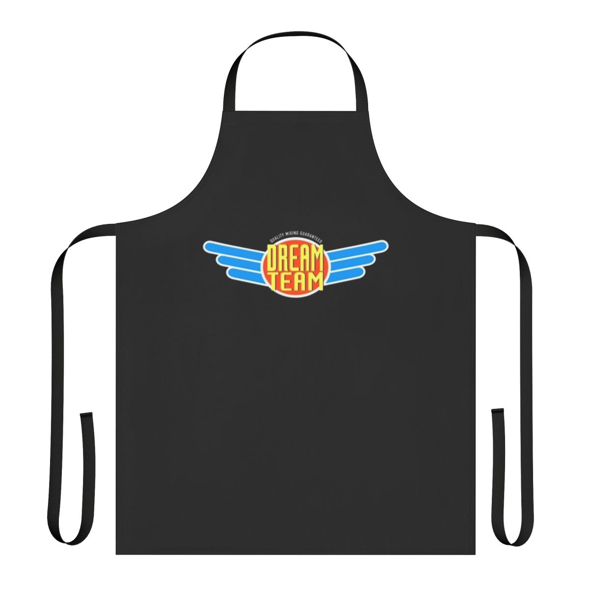 A colorful and stylish apron featuring a design with mixing, vinyl, and retro music elements.