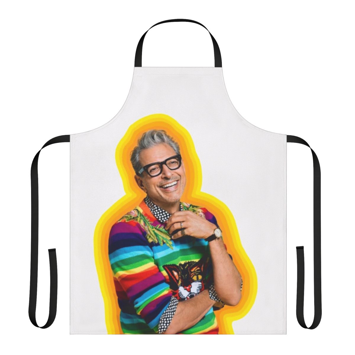 Colorful apron featuring a playful Jeff Goldblum meme design, perfect for the kitchen or as a unique gift.