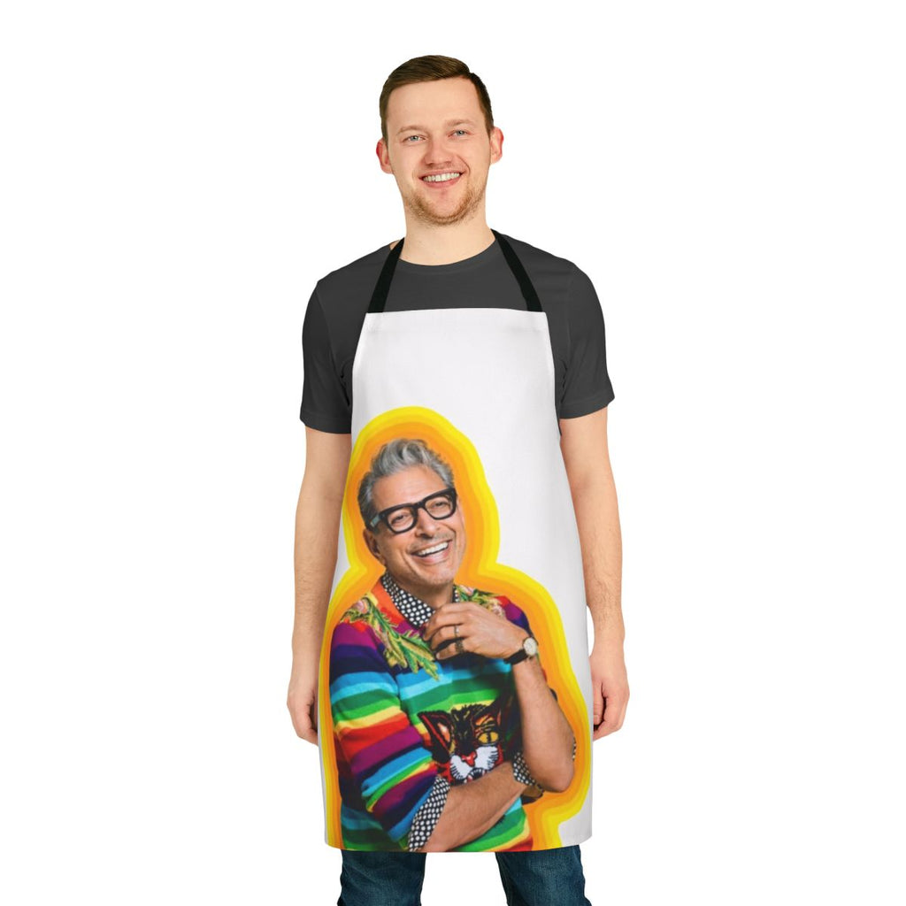 Colorful apron featuring a playful Jeff Goldblum meme design, perfect for the kitchen or as a unique gift.