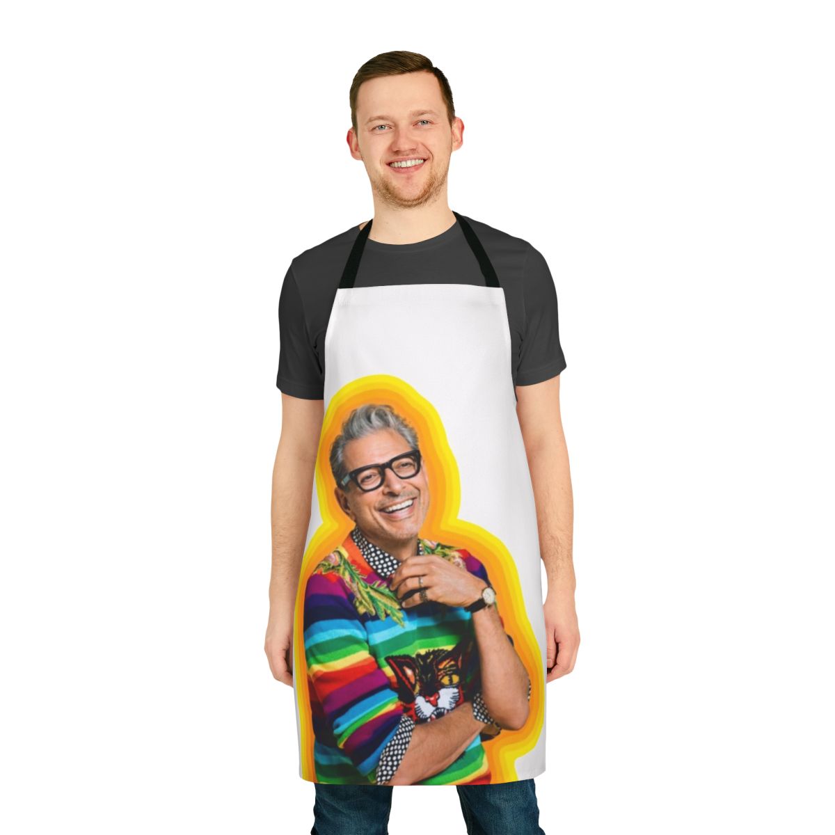 Colorful apron featuring a playful Jeff Goldblum meme design, perfect for the kitchen or as a unique gift.