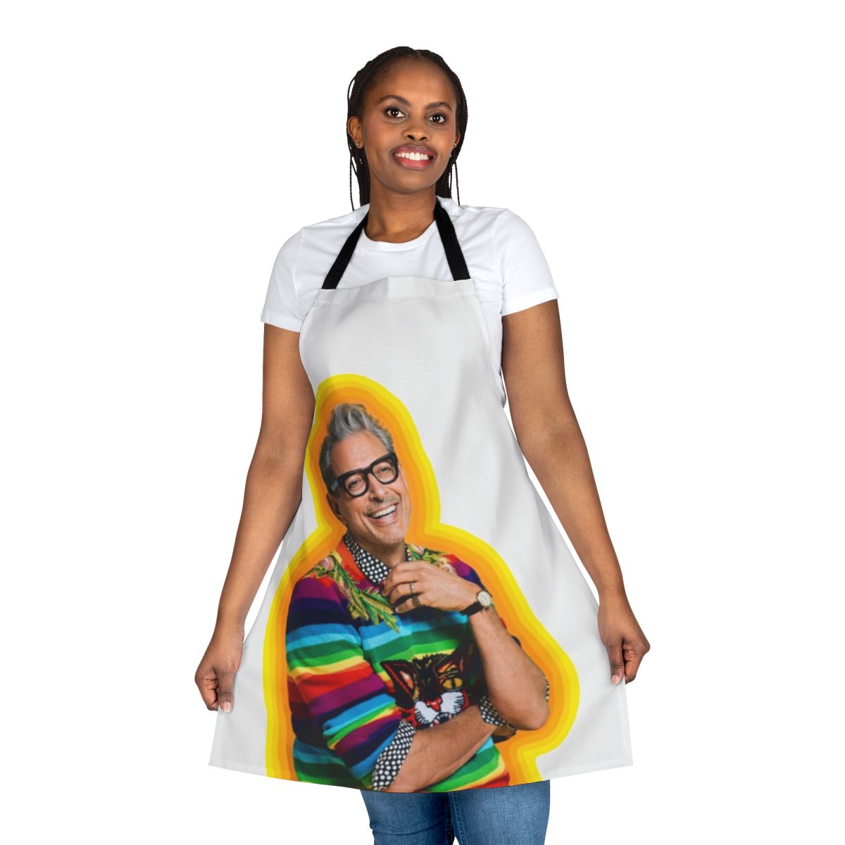 Colorful apron featuring a playful Jeff Goldblum meme design, perfect for the kitchen or as a unique gift.