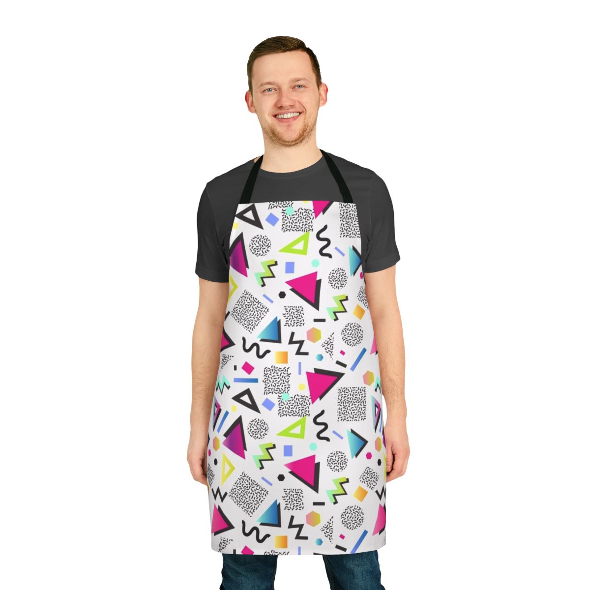 Colorful abstract geometric pattern apron in Memphis retro style