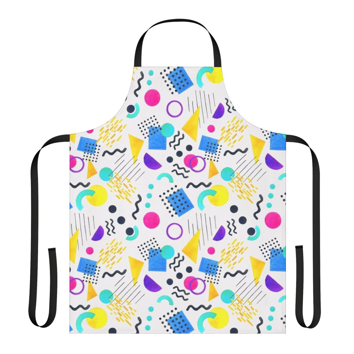 Colorful Memphis-style apron with geometric, retro-inspired pattern