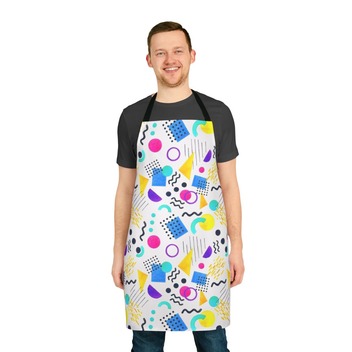 Colorful Memphis-style apron with geometric, retro-inspired pattern