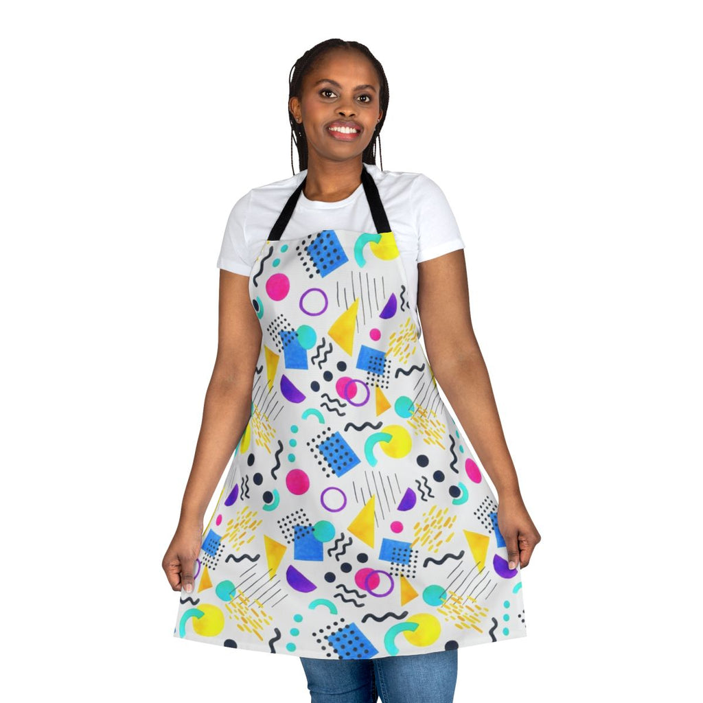 Colorful Memphis-style apron with geometric, retro-inspired pattern