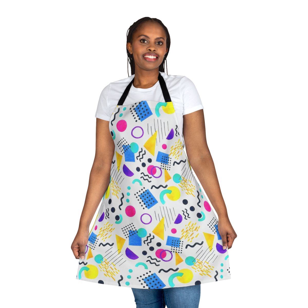 Colorful Memphis-style apron with geometric, retro-inspired pattern