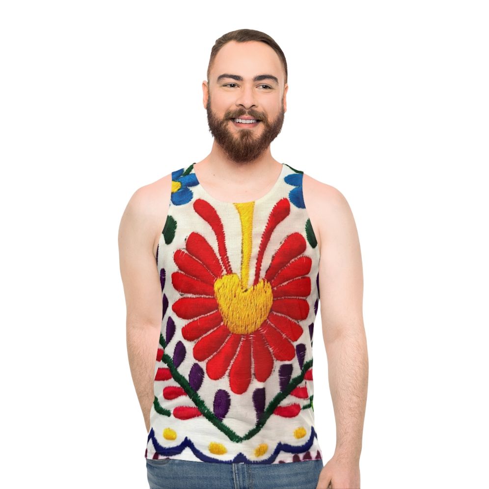 Unisex tank top featuring vibrant Mexican flowers