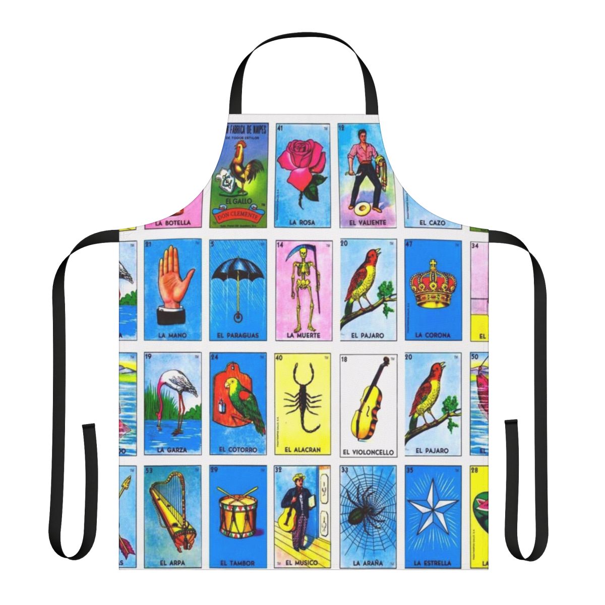 Colorful apron featuring Mexican lottery and bingo themed graphics