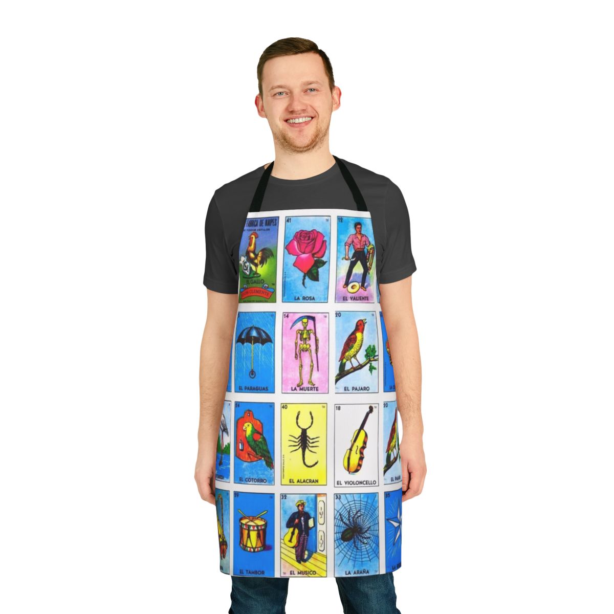 Colorful apron featuring Mexican lottery and bingo themed graphics