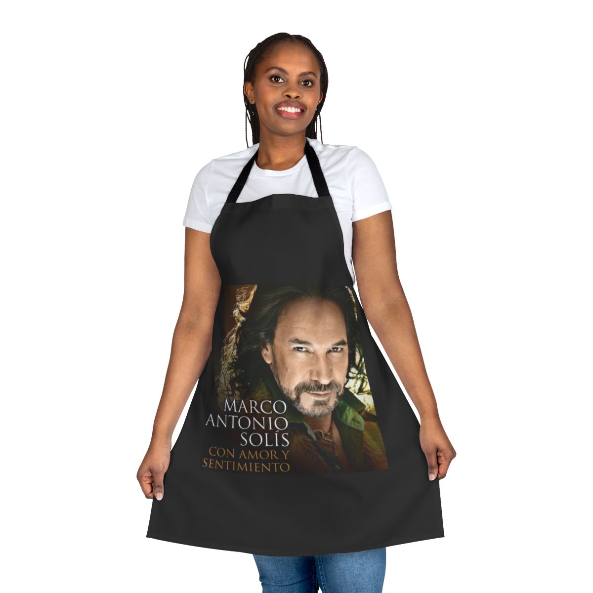A colorful apron featuring a loteria card design and text "El Buki"